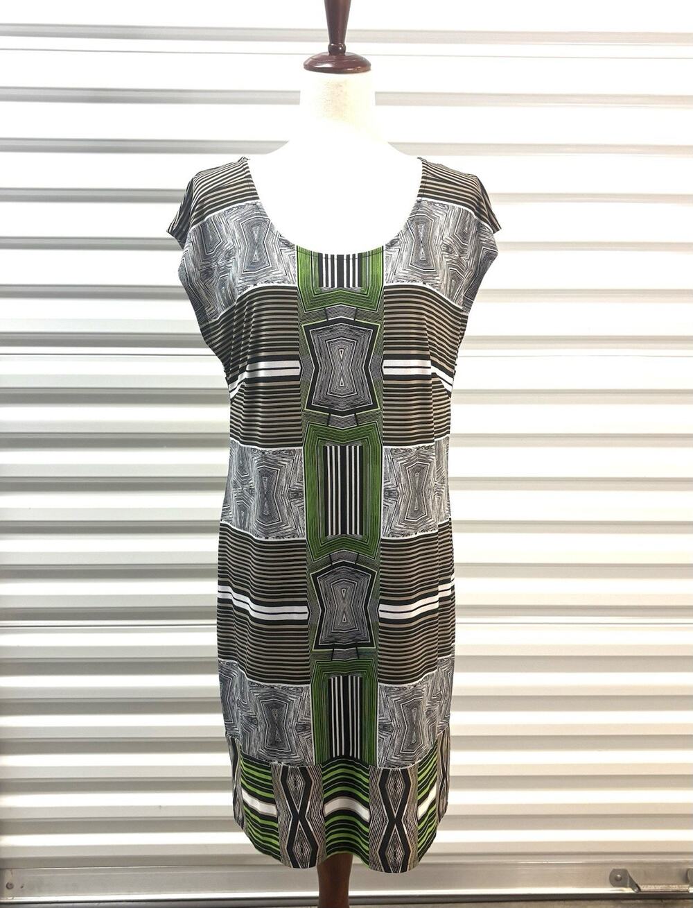 Laundry Shelli Segal Dress Geometric Print Green Black White, Stretchy Size M
